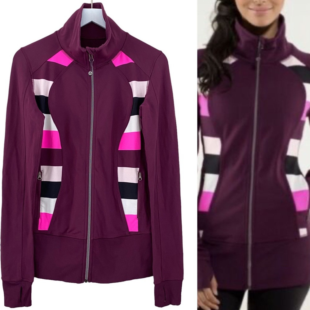 Lululemon Nice Asana Plum Pow Stripe Raspberry Glo Light Zip Up Jacket Size S/M